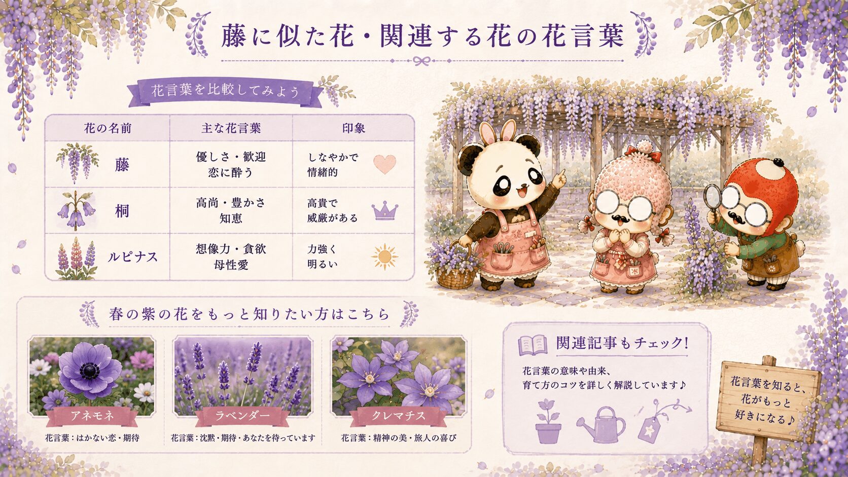 藤の花言葉に似た花々