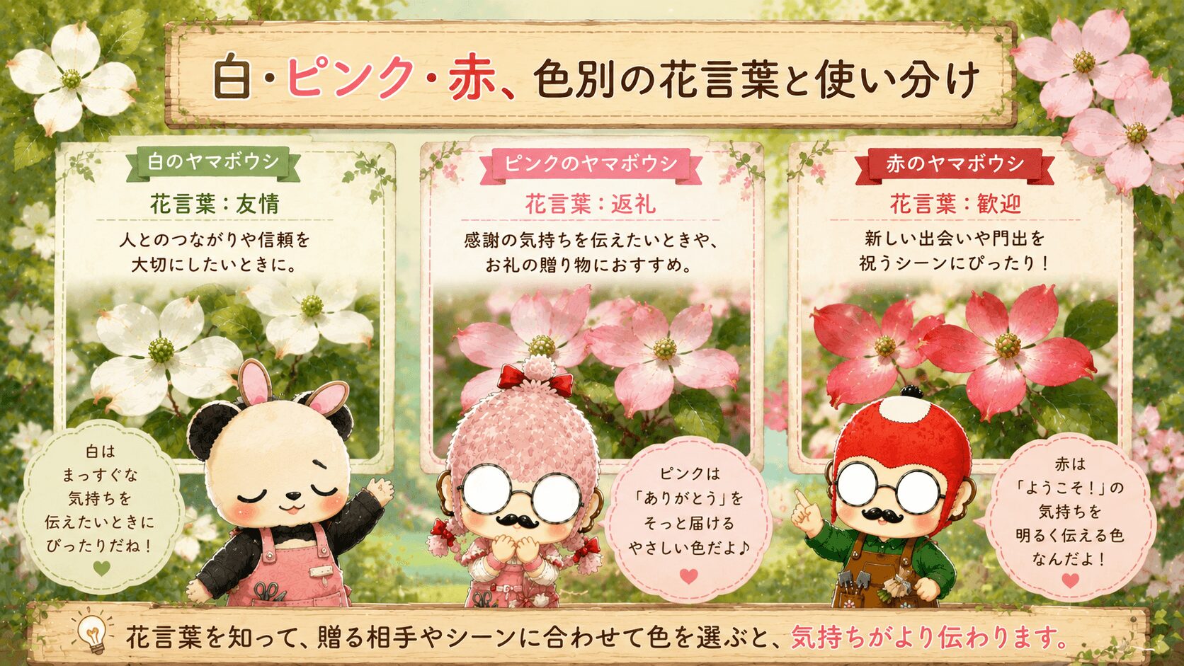 ヤマボウシの色別の花言葉を紹介する３人