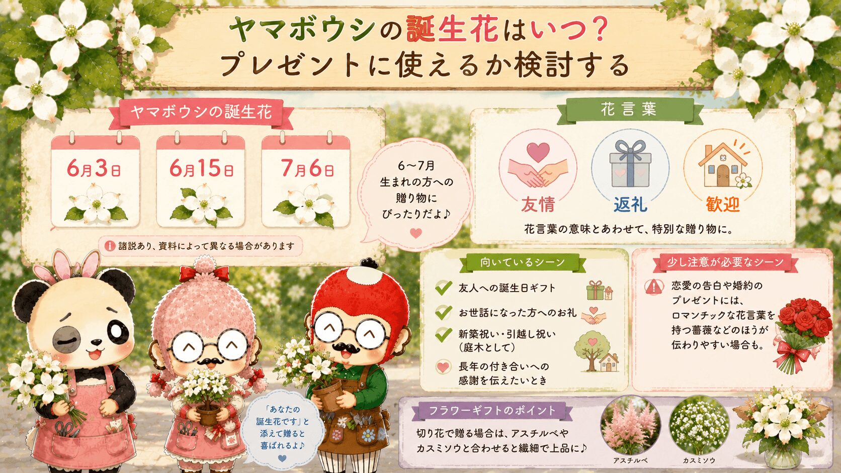 ヤマボウシの誕生花を紹介する３人