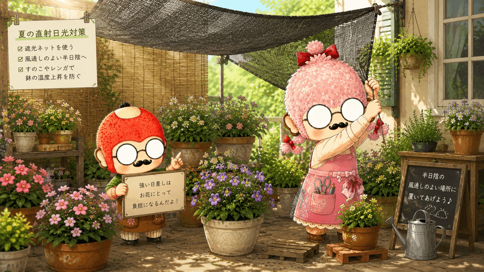 夏の直射日光対策をする２人