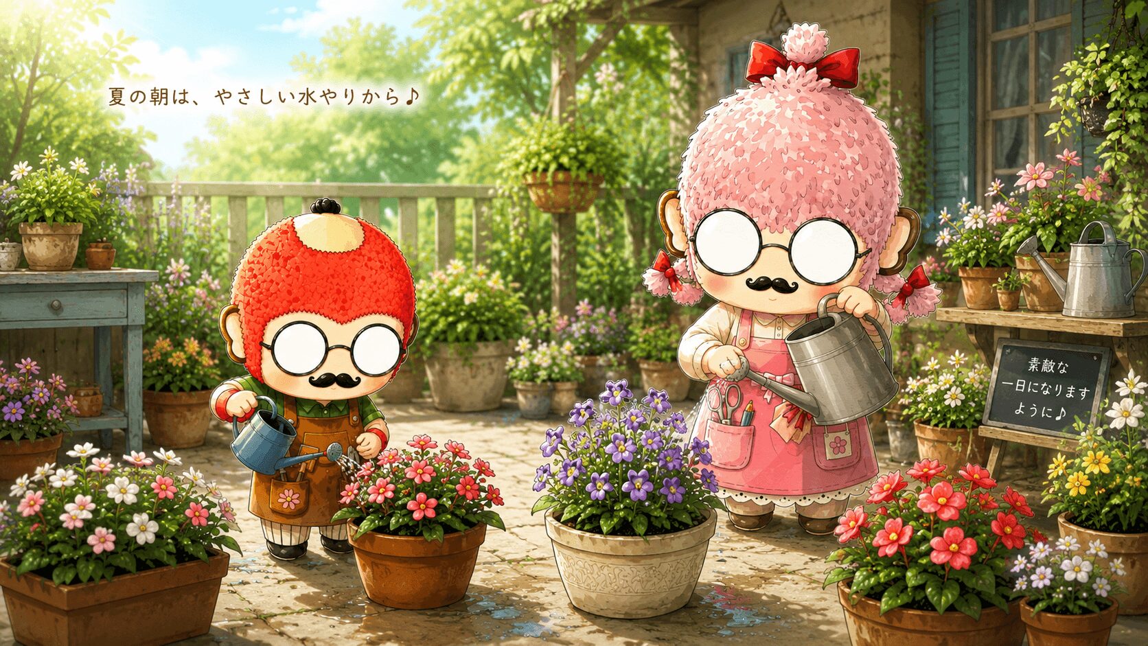 夏の花に水やりをする２人