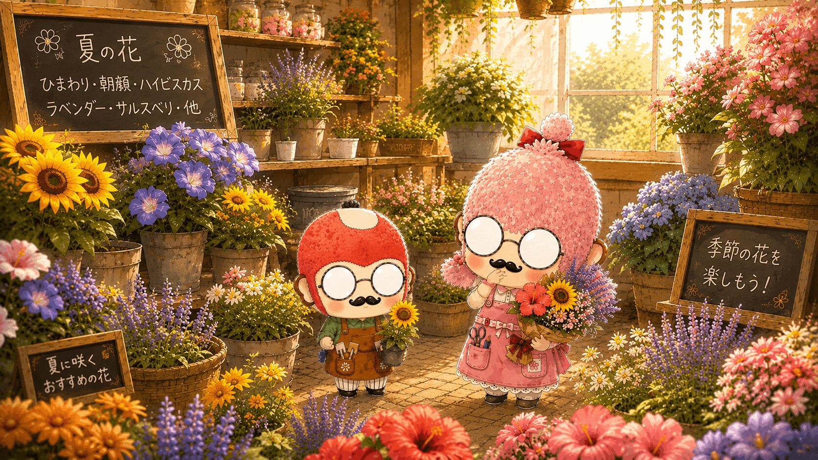 花屋で夏の花を選ぶ２人
