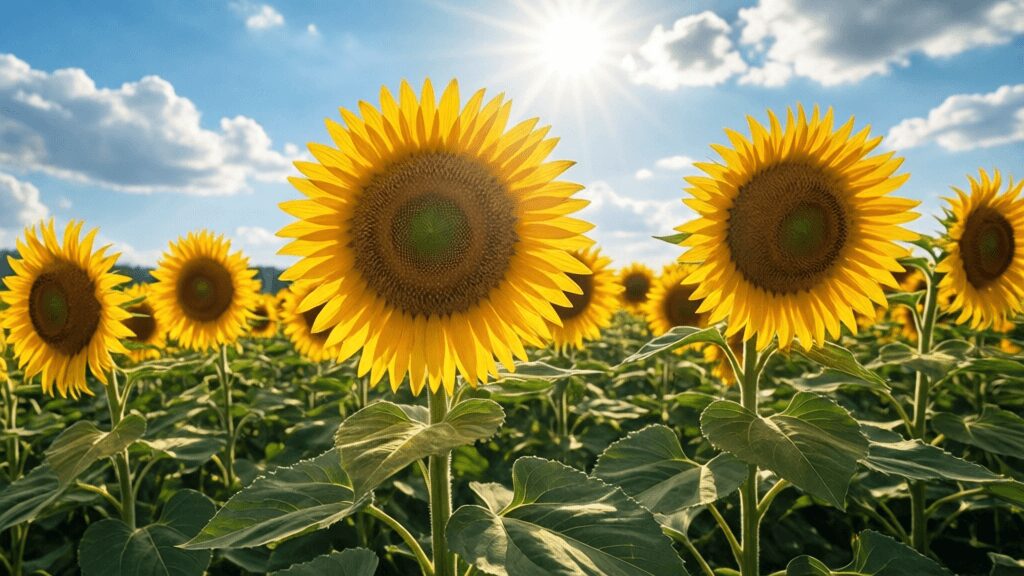 真夏の太陽の下で咲くひまわり