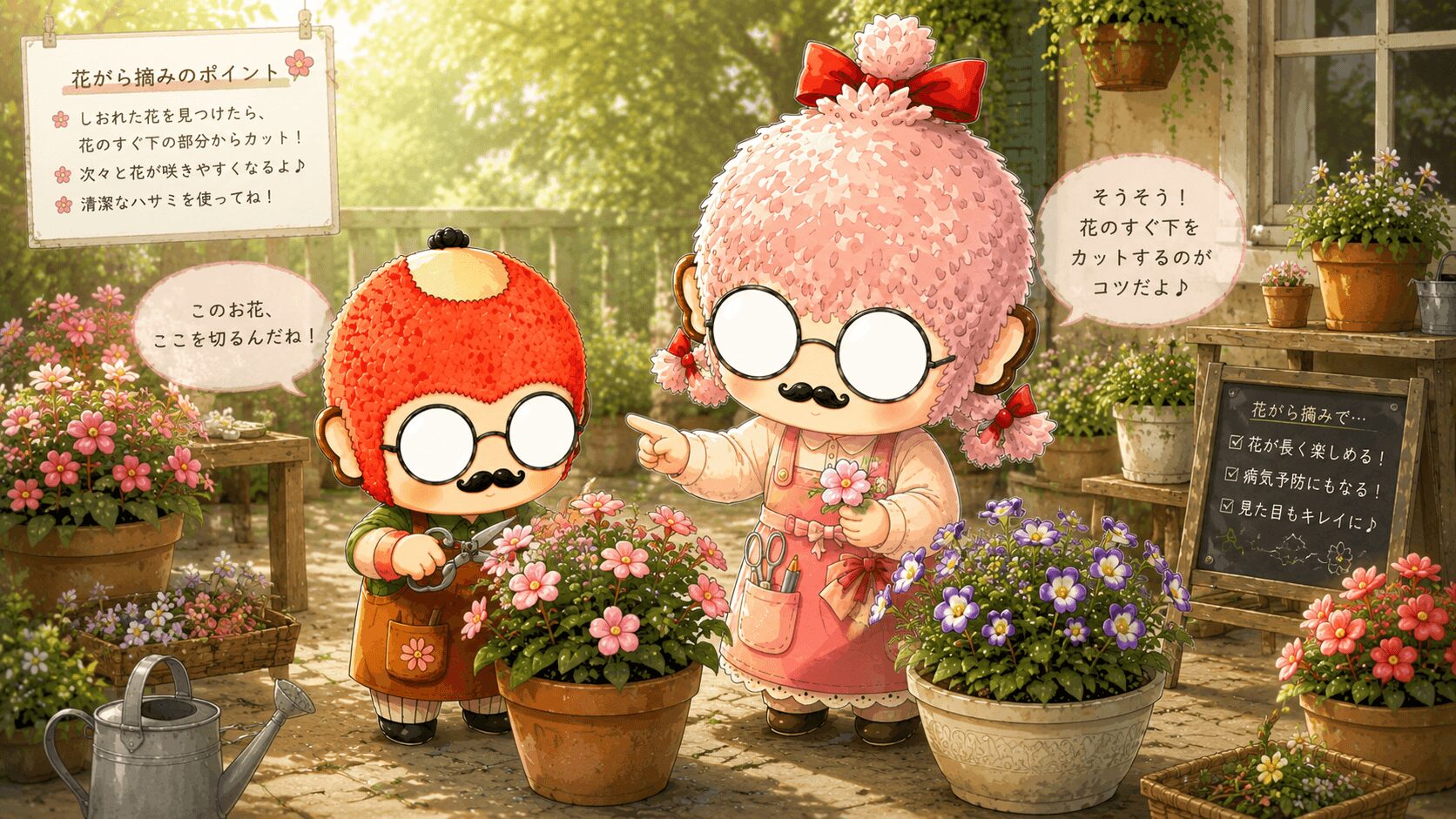 花がら摘みをする２人