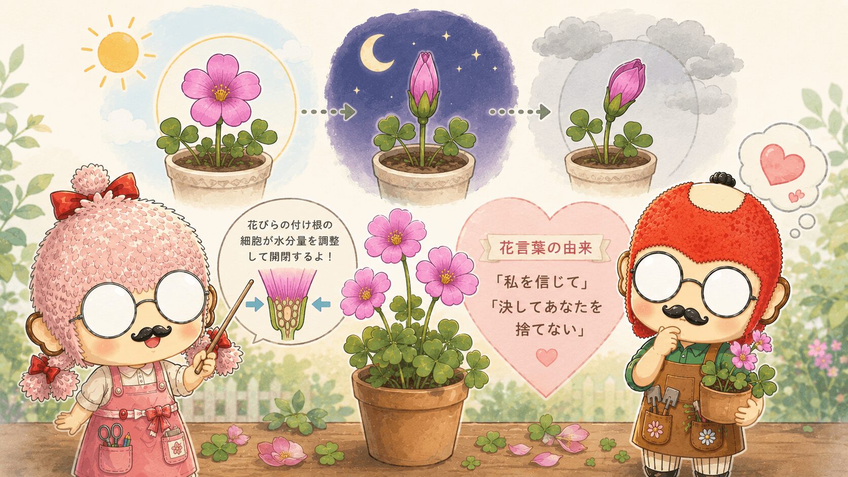 オキザリスの昼夜開閉と花言葉図解