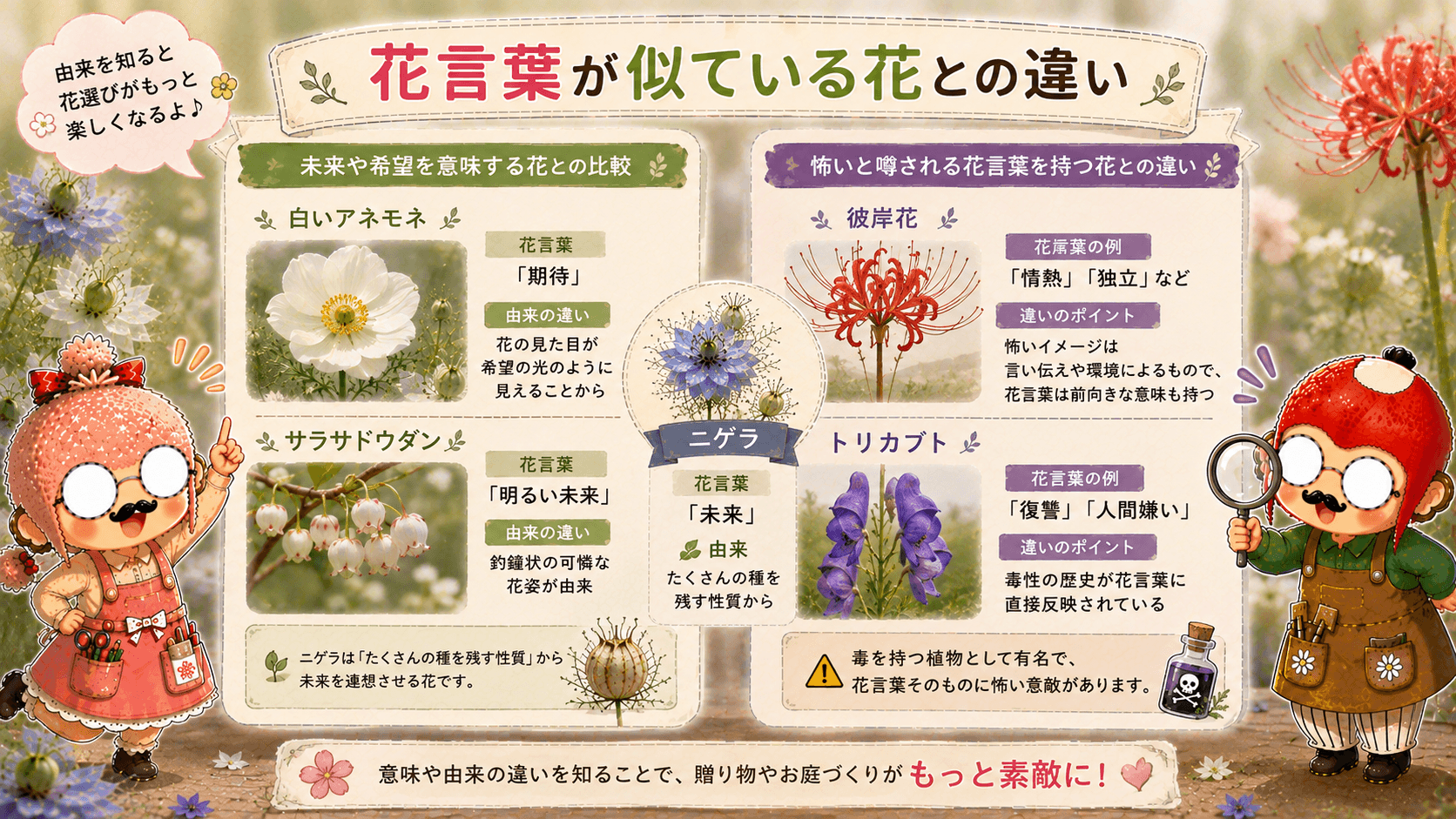 ニゲラと花言葉が似ている花々